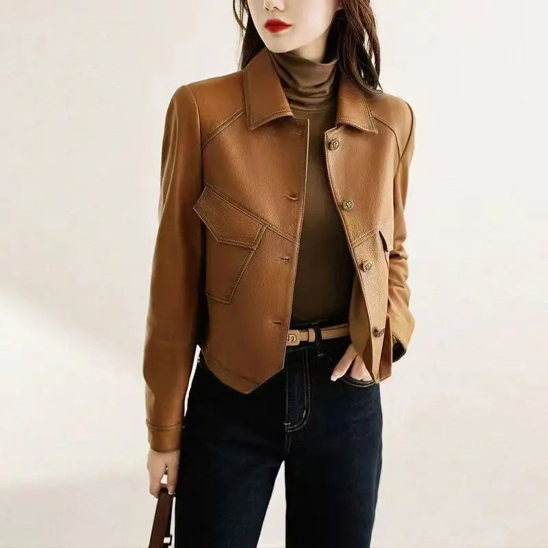 Women's Spring Autumn Fashion Solid Color Square Neck Button Casual Versatile Long Sleeved Slim Fit Short Denim Leather Jacket  Amaijoin