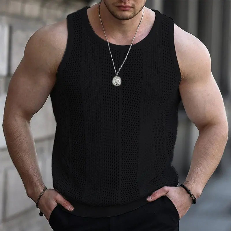 Summer New Men's Sleeveless T-shirt Sleeveless Slim Knit Vest Men's Tank Top Sexy Hollow Through Men's Vest FugeesTee Sportswear  Amaijoin