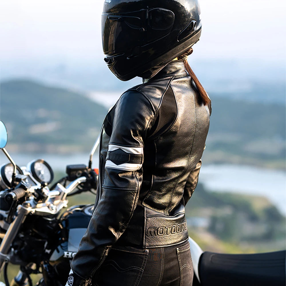 Moto Cycling Leather Jacket Women Cowhide Jacket Fall Prevention Clothing Suit With CE Protector For 4 Seasons  Amaijoin