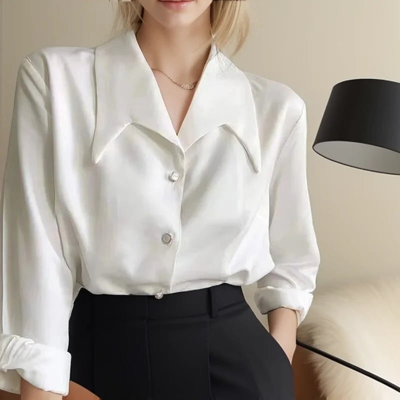 Fashion Turn Down Collar Chiffon White Women Shirt Spring Professional Commuting Formal Tops Elegant Solid Color Blouse  Amaijoin