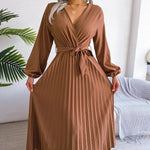 Load image into Gallery viewer, Women Elegant V Neck Long Sleeve Pleated Maxi Dress  Amaijoin
