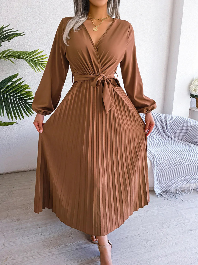 Women Elegant V Neck Long Sleeve Pleated Maxi Dress  Amaijoin