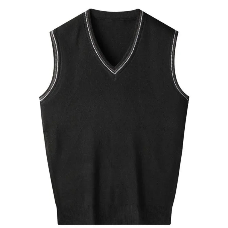 Solid Color Vest Black Knitted Sweaters for Men Waistcoat Man Clothes Plain Business V Neck Sleeveless Knitwears Loose Fit Ugly  Amaijoin