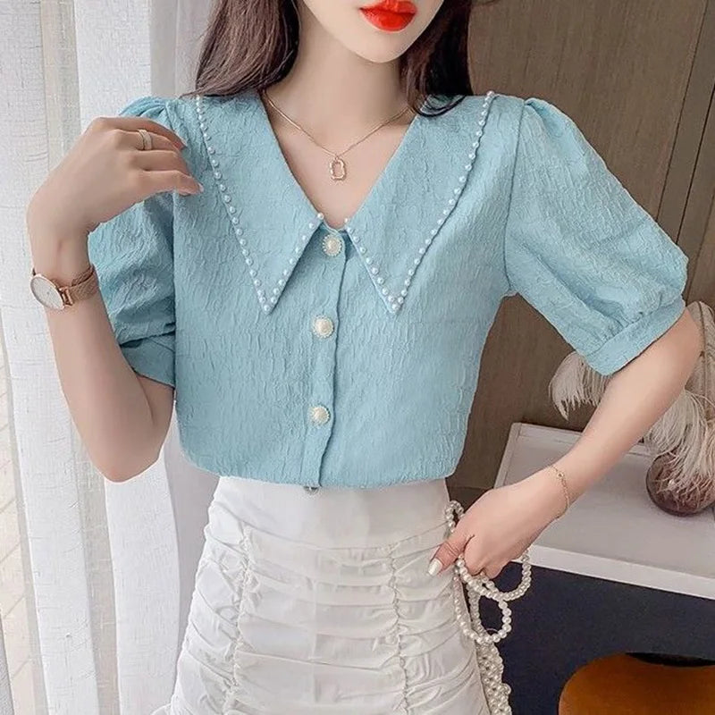 Sweet Peter Pan Collar Puff Sleeve Button Oversized Beading Blouse Summer Casual Tops Elegant Female Clothing Commute Shirt  Amaijoin