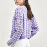 Load image into Gallery viewer, SENTUBILA Contrast Striped Long Sleeve Cardigan Sweaters for Women 2023 Autumn Round Neck Purple Knitted Tops Outerwear Coats  Amaijoin
