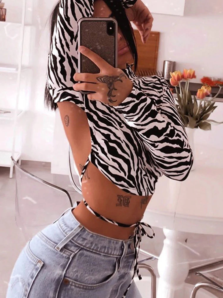 Animal Zebra Print Backless Cropped Tshirt Women Sexy Long Sleeve T-shirt Ladies Fashion Crop Tops Tees Streetwear  Amaijoin