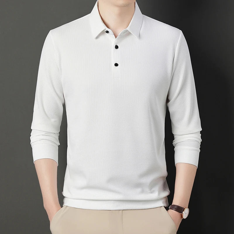 New Men's Long Sleeve T Shirt Button Lightweight Lapel Loose Polo Shirt Solid Color Top  Amaijoin