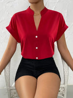 Load image into Gallery viewer, Summer Minimalist Women&#39;s V-neck Shirt 2023 Elegant Women&#39;s Satin Red Short Sleeved Single Breasted Casual Fitting Office Shirt  Amaijoin
