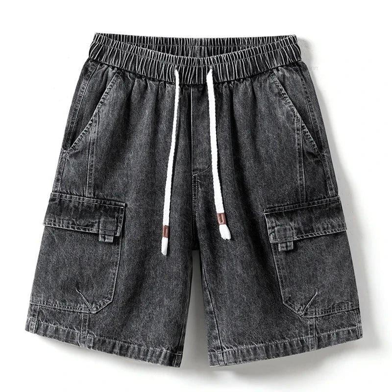 Summer New Men's Denim Shorts Elastic Waist Baggy Casual Knee-length Cargo Pants Fashion Korean Oversized Streetwear Blue Grey  Amaijoin