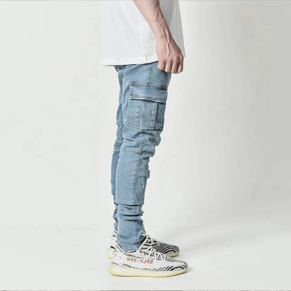 Street Elastic Jeans Men Denim Cargo Pants Wash Solid Color Multi Pockets Casual Mid Waist Trousers Slim Fit Daily Wear Joggers  Amaijoin