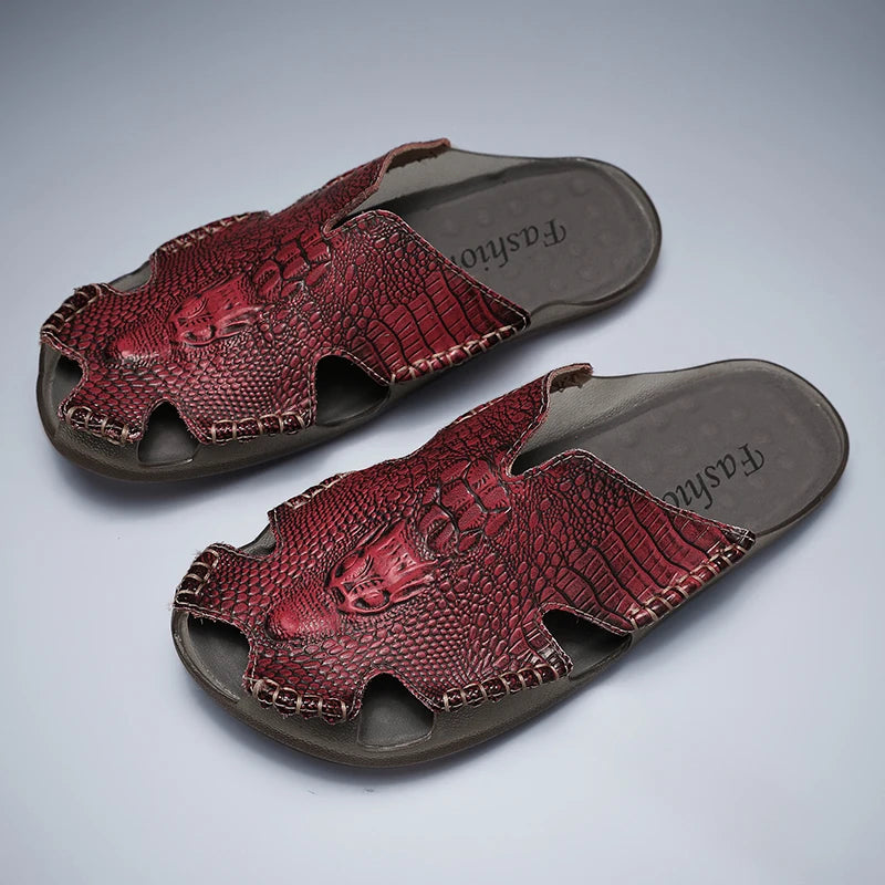 Genuine Leather Men's Slippers Crocodile Grain Style Men Flip Flops High Quality Sandals Non-slip Male Slippers Home Slippers  Amaijoin