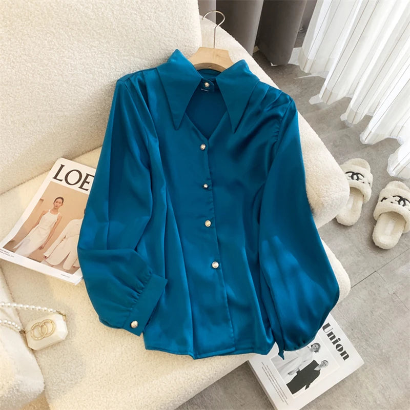 Zoki Sexy Hollow Out Women Satin Shirt Elegant Long Sleeve Casual Office Lady Blouse Korean Fashion All Match Loose White Tops  Amaijoin