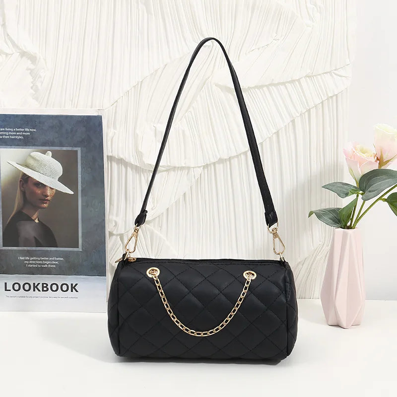 A trendy fashion casual diamond pattern embroidered chain diagonal cross cylinder bag with niche design shoulder bag  Amaijoin