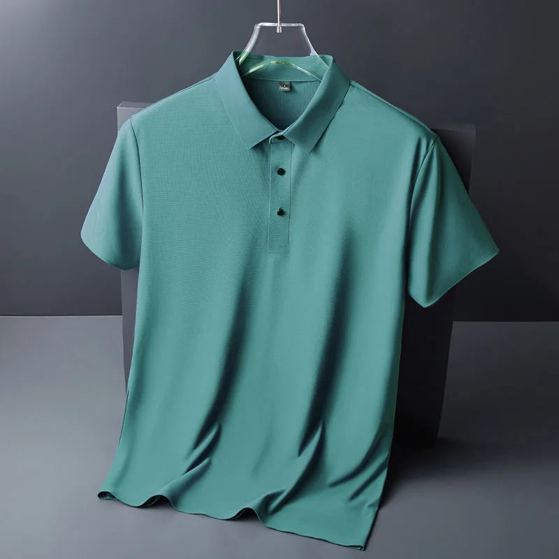 High quality wrinkle resistant ice silk short sleeve t-shirt men's summer Lapel loose casual solid color top high-end polo men  Amaijoin