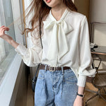 Load image into Gallery viewer, 2023 Spring Loose Korean Tops Fashion Autumn Chiffon Blouse Bow Blue Long Sleeve Shirt White Office Lady Clothes Blusas 10691  Amaijoin
