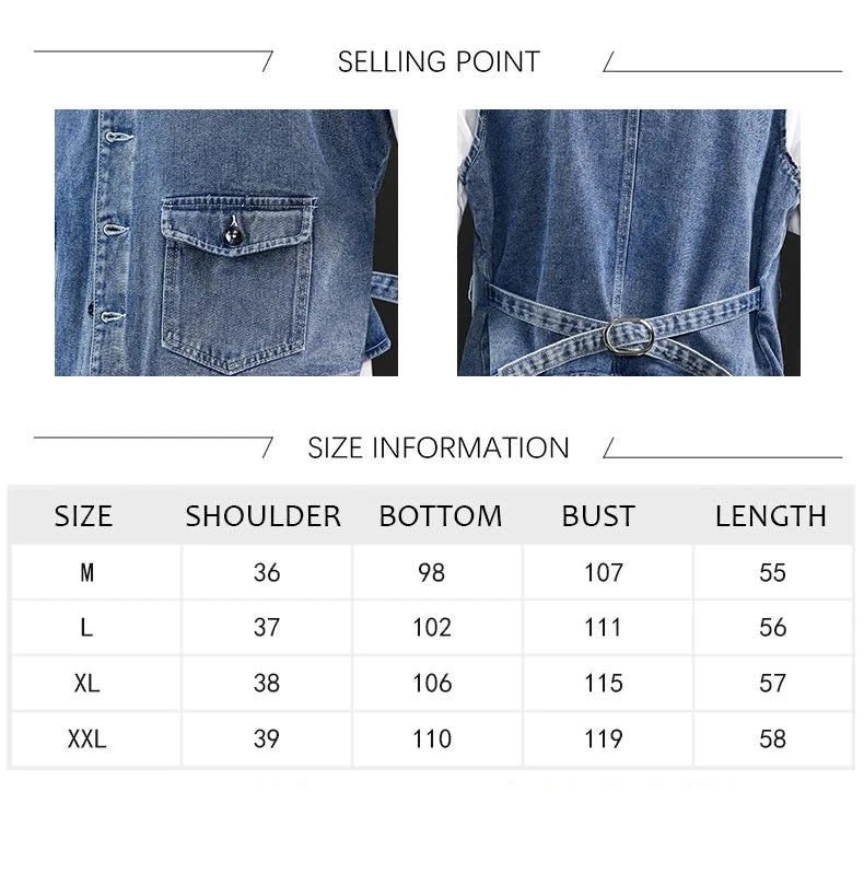 TFETTERS Summer New Denim Vest Men Japanese Casual Loose Washed Old Sleeveless Coat Fashion Solid Color Collarless Denim Jacket  Amaijoin