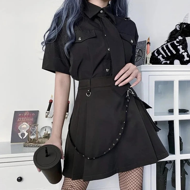 Harajuku Punk Gothic Black High Waist Black Skirts Women Sexy Patchwork Bandage Mini Female Streetwear Black Skirt  Amaijoin