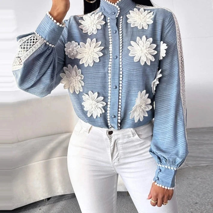 Women Three Dimensional Decoration Stand Collar Hook Flower Hollow Long Puff Sleeves Sweet Blouse Top  Amaijoin