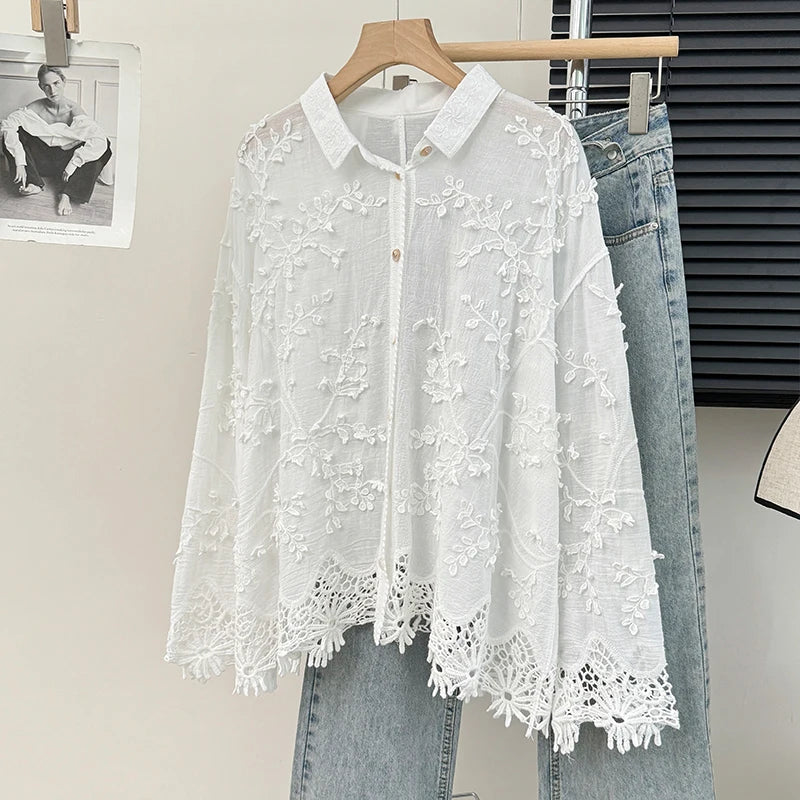 Embroidery Stereo Jacquard Gentle Blouses Single-breasted Lace Patchwork Age Reducing Blusas 2024 Spring Autumn New Chic Shirts  Amaijoin