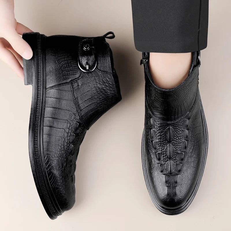 Men's Shoes Crocodile Pattern Low Top Male Shoes Genuine Leather Mens Slip on Ankle Boots 2023 Stylish Classic Motorcycle Boots  Amaijoin