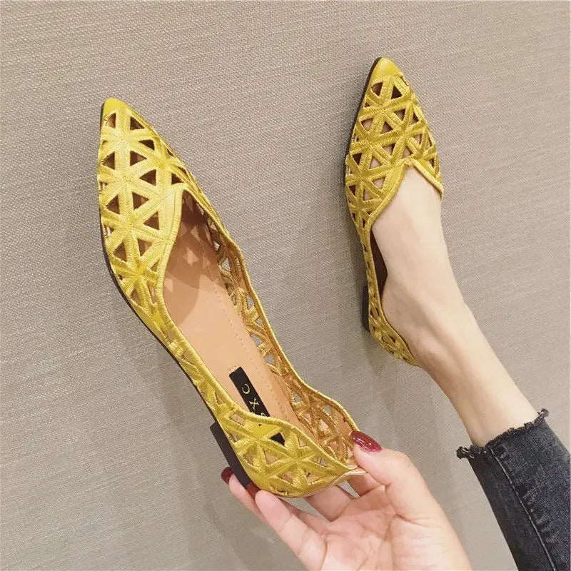 2024 Flat Shoes Women Elegant Women's Breathable Hole Shoes Pointy Shallow Mouth Hollow Leisure Commuter Footwear Spring Summer  Amaijoin