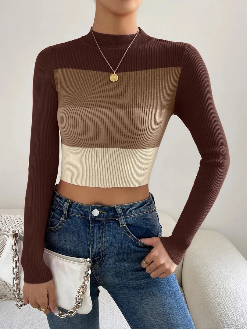 On Sale 2024 Spring Women Crop Colorblock Turtleneck Ribbed Long Sleeve Pull Sweater Femme Knitwear Jumper Outfits Pullovers  Amaijoin