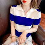 Load image into Gallery viewer, Clothing T-shirt Woman Tops Red Knit Polo Neck Shirts for Women Green Striped Short Sleeve Tee V Cute Youth High Quality Cotton  Amaijoin
