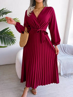 Load image into Gallery viewer, Women Elegant V Neck Long Sleeve Pleated Maxi Dress  Amaijoin
