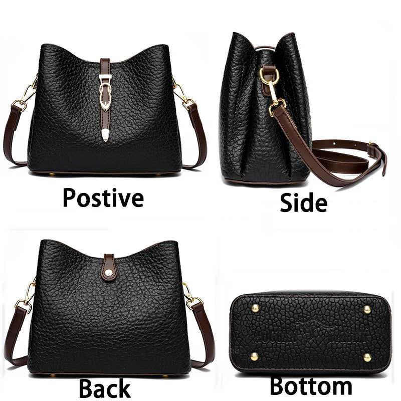 2024 High Quality Stripe High Capacity Design Lady's Fashion Shoulder Bags Wide Strap Soft Leather Women's Crossbody Bucket Bag  Amaijoin