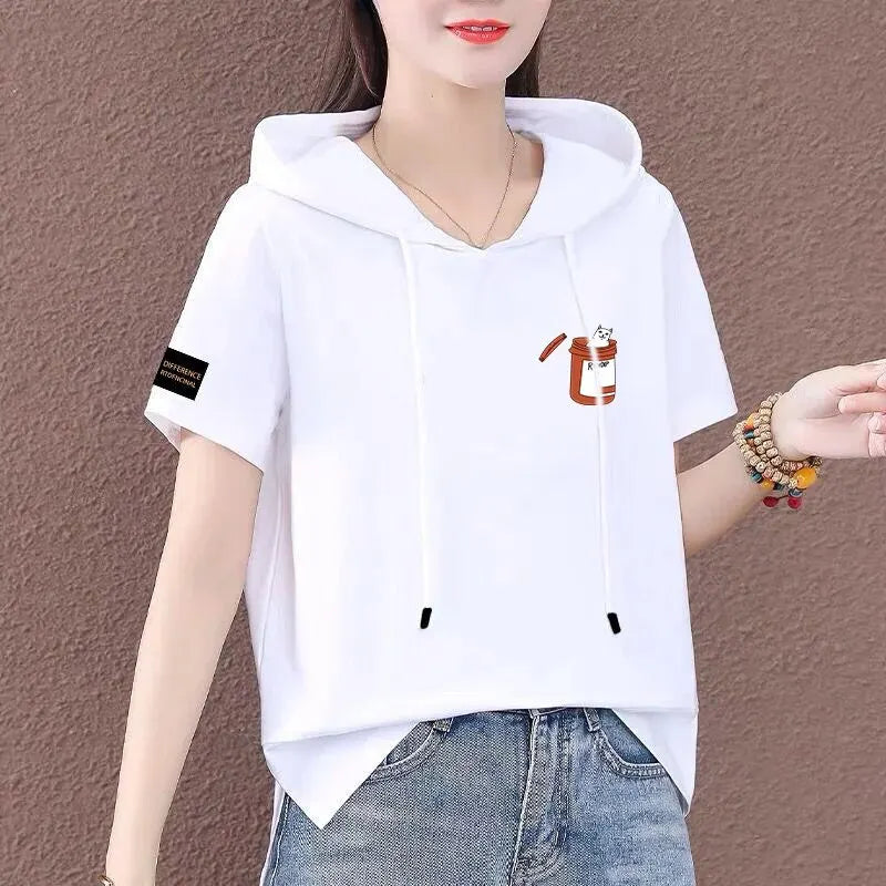 Short Sleeve Summer Thin White T-shirt Women Casual Fashion Top Loose Style Polyester Fabric Cartoon Design  Amaijoin