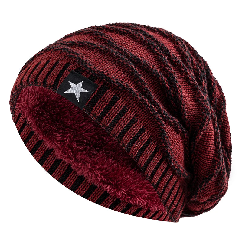 New Unisex Slouchy Winter Hats Add Fur Lined Men And Women Warm Beanie Cap Casual Five-pointed Star Decor Winter Knitted Hats  Amaijoin