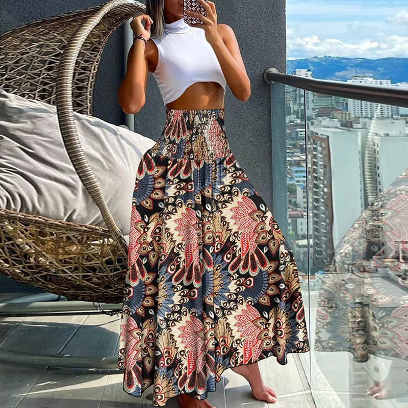 Summer Fashion High Waist Thin Printing Female Skirts Commute Elegant Elastic Waist Bohemia Holiday A-line Skirt Versatile Dress  Amaijoin