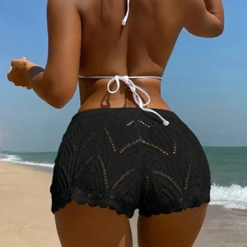 Women Beach Shorts Hollow Out Knitted Lace Drawstring Summer Bikini Pants Crochet Knit Swim Beach Wear Cover Up Juicy-buttocks  Amaijoin