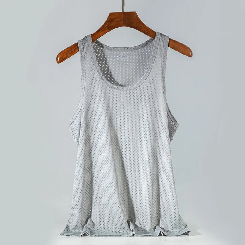 Summer Quick-Drying Thin Breathable Ice Silk Vest Men Tops Sport T Shirts Sleeveless Mesh Hole Tank Tops Gym Clothing Outer Wear  Amaijoin