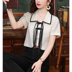 Load image into Gallery viewer, Women&#39;s 2024 New Summer Pullovers Contrast Color Polo-Neck Jacquard Button Elegant Chic Slim Commuter Short Sleeve Chiffon Tops  Amaijoin
