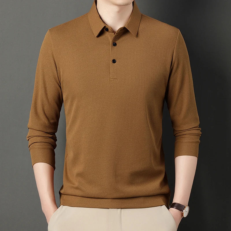 New Men's Long Sleeve T Shirt Button Lightweight Lapel Loose Polo Shirt Solid Color Top  Amaijoin