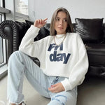 Load image into Gallery viewer, Women Soft O Neck Ladies Vintage Pullovers Casual Tops Hirsionsan 2024 New Spring Autumn Casual “Friday” Letter Print Sweatshirt  Amaijoin
