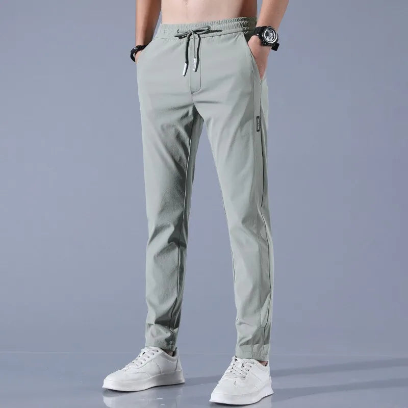 2024 new Men's Ice Silk Trousers Solid Color Mid-Waist Loose Breathable Straight-Leg Casual Pants Thin Quick-Drying Sports Pants  Amaijoin