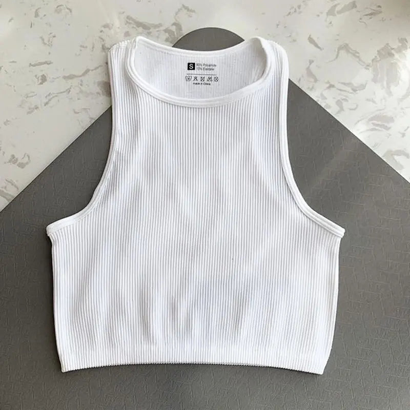 Rib Green Tank Top Femme Casual Sport Tops O Neck Solid Basic T-shirts Seamless Vest Streetwear Sleeveless Casual Sexy Crop Top  Amaijoin