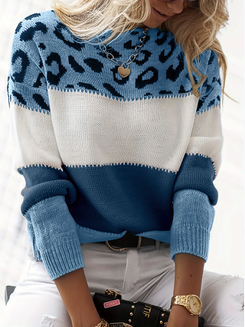 Cozy Leopard Print Casual Sweater: Flattering Boat Neck Design, Mid-Elasticity Knit, Easy-Care Polyester  Amaijoin