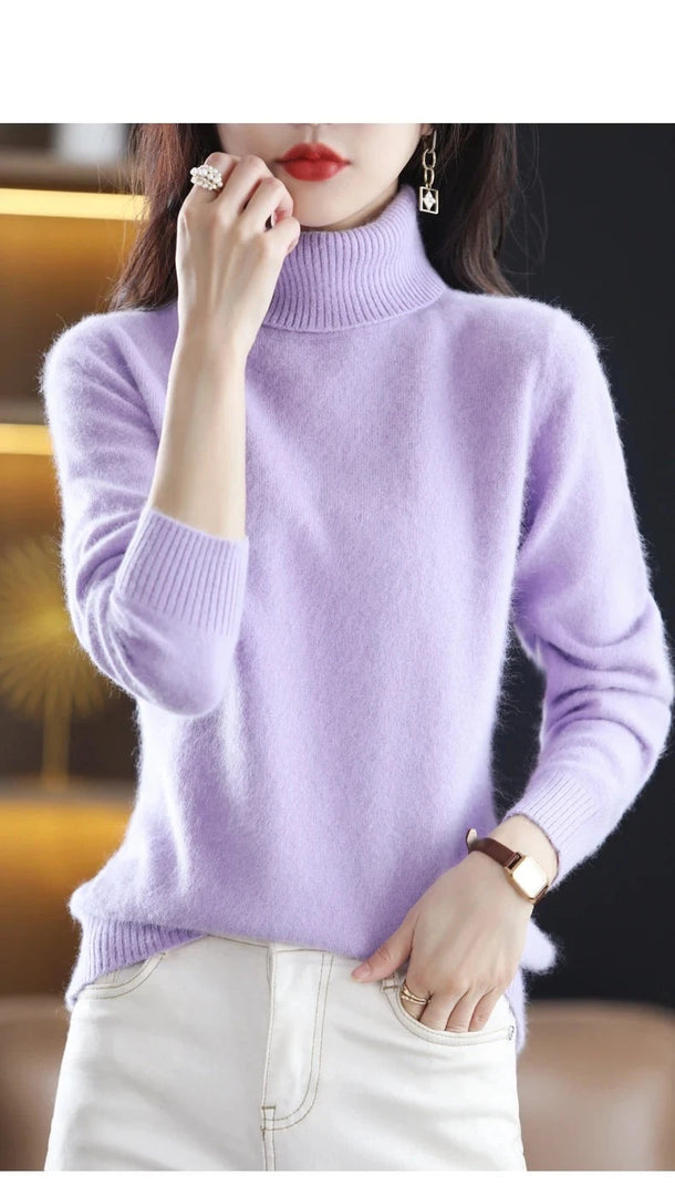 Autumn And Winter New 100% Mink Cashmere Sweater 2023 Women's High Neck Knitted Pullover Loose Korean Fashion Warm Women's Top  Amaijoin