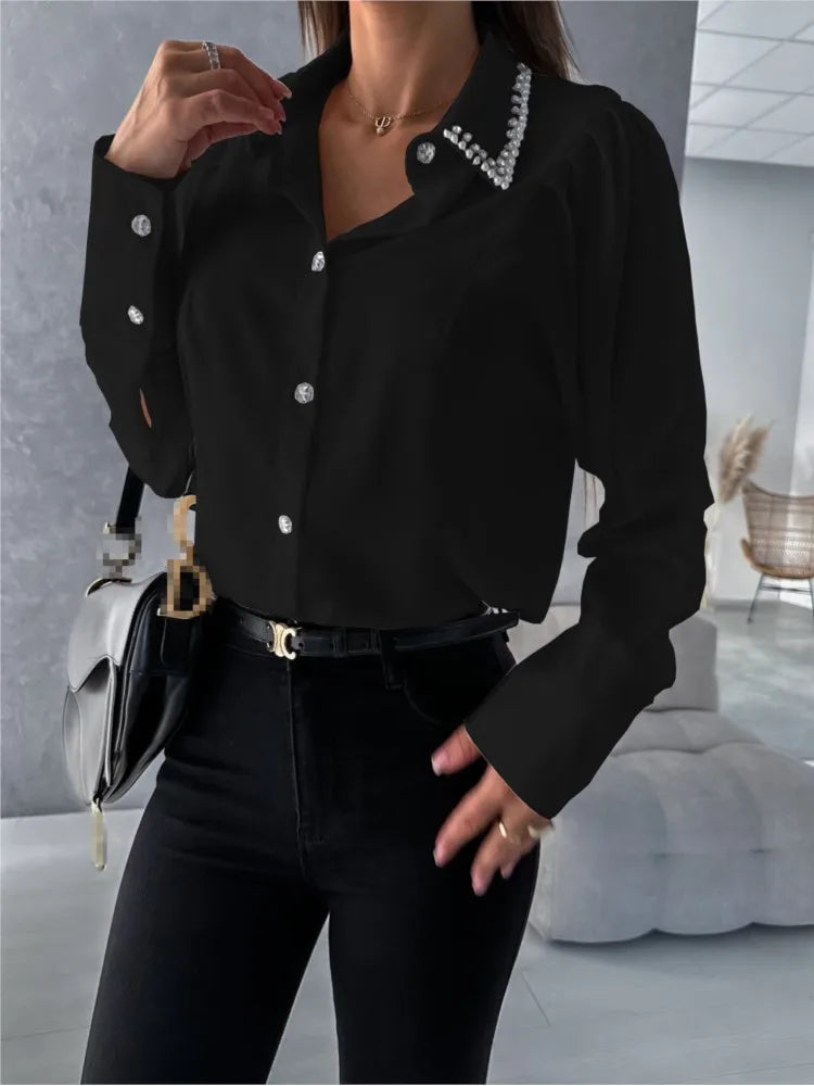 Elegant Office Shirt For Women 2024 Spring Summer Fashion Diamond-encrusted Neck Long Sleeve White Loose Blouses And Tops Female  Amaijoin