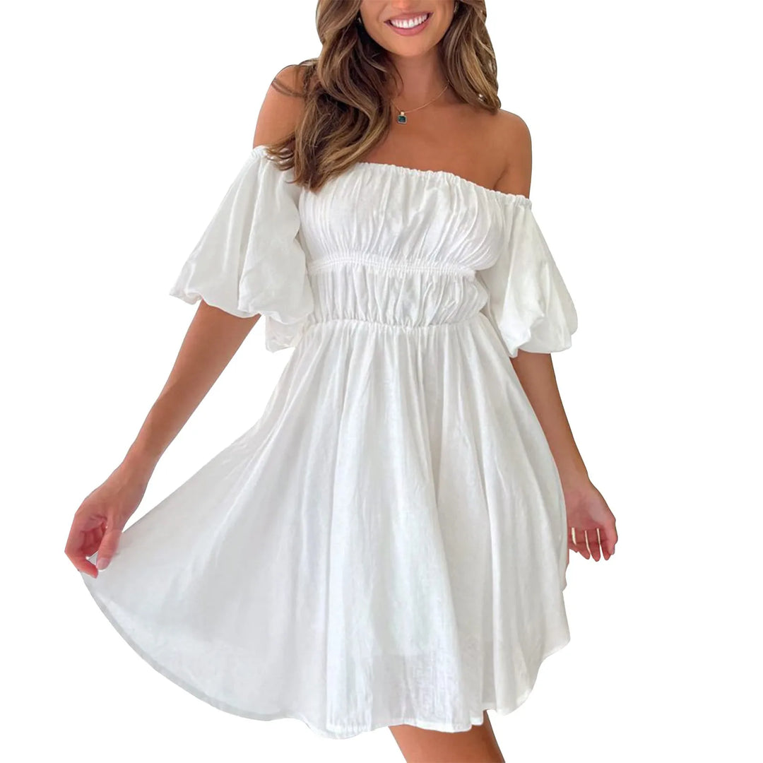 Women'S Summer Dress Puff Sleeves Off Shoulder Mini Dress Ruffled A Line Flowy Swing Dress Beach Summer Dresses For Women Plus  Amaijoin