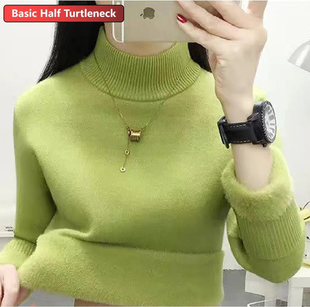 Turtleneck Winter Sweater Women Elegant Thicken Velvet Lined Warm Sueter Knitted Pullover Slim Tops Jersey Knitwear Jumper New  Amaijoin