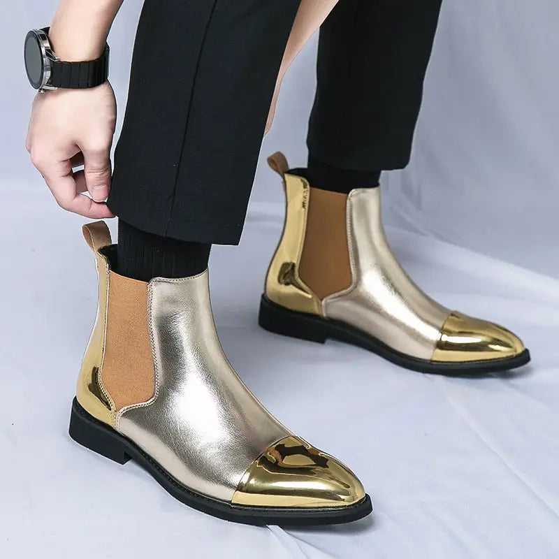 2023 Fashion New Arrivals Men Gold Chelsea Boots Leather Glitter Men's Brogue Boots Pointed Slip-on Men's High Top Leather Shoes  Amaijoin