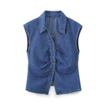 Load image into Gallery viewer, Summer Blue Denim Folds Shirts Women Sleeveless Fashion Single Breasted Tops Blouses  Amaijoin
