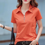 Load image into Gallery viewer, New 2024 Summer Women T Shirt Cotton Elegant Style Zipper Neck Fashion Office Lady Top Short Sleeve Polo For Women  Amaijoin
