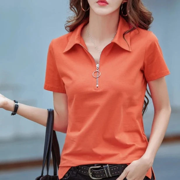 New 2024 Summer Women T Shirt Cotton Elegant Style Zipper Neck Fashion Office Lady Top Short Sleeve Polo For Women  Amaijoin