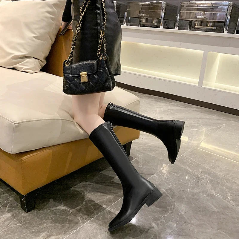 Riding Boots Women Shoes Real Leather Mid Heel Knee-High Boots Square Toe Block Heels Zip Long Boots Autumn Winter 40  Amaijoin