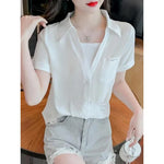 Load image into Gallery viewer, Polo Shirts for Women 2024 Fashionable French V-neck Fake Two White Shirts Summer Design Korean Loose Short Sleeved Shirt Top  Amaijoin
